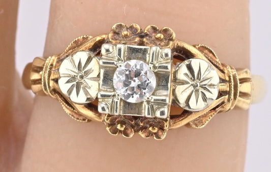 IGI Certified Vintage 14K Yellow & White Gold Floral Diamond Ring Size 5.75