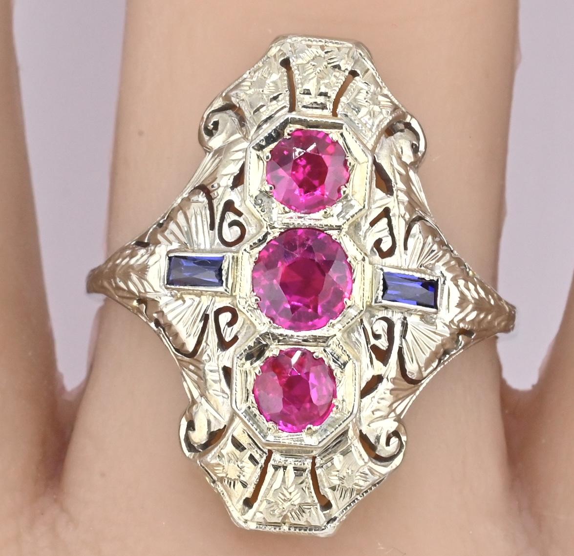 18K White Gold Ruby & Sapphire Ring Art Deco Period IGI Certified Ring Size 9.25
