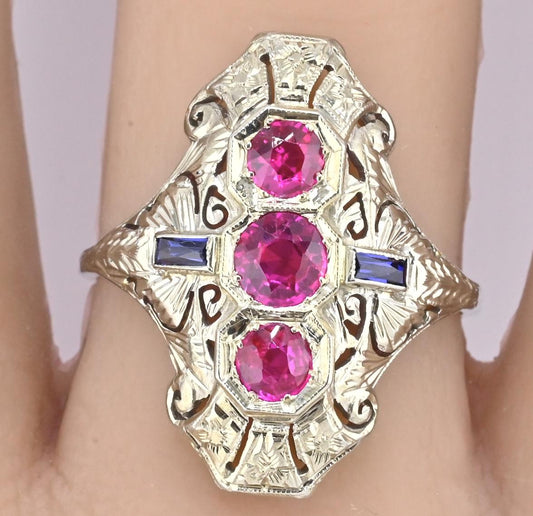 18K White Gold Ruby & Sapphire Ring Art Deco Period IGI Certified Ring Size 9.25