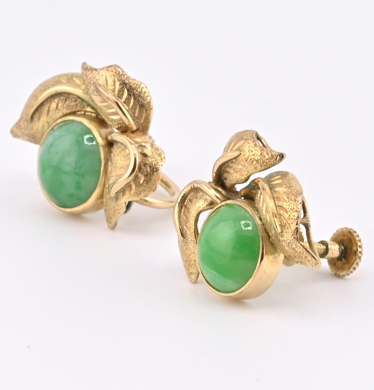 IGI Certified 14K Yellow Gold Jadeite Floral Earrings | 7.00ct Green Jade
