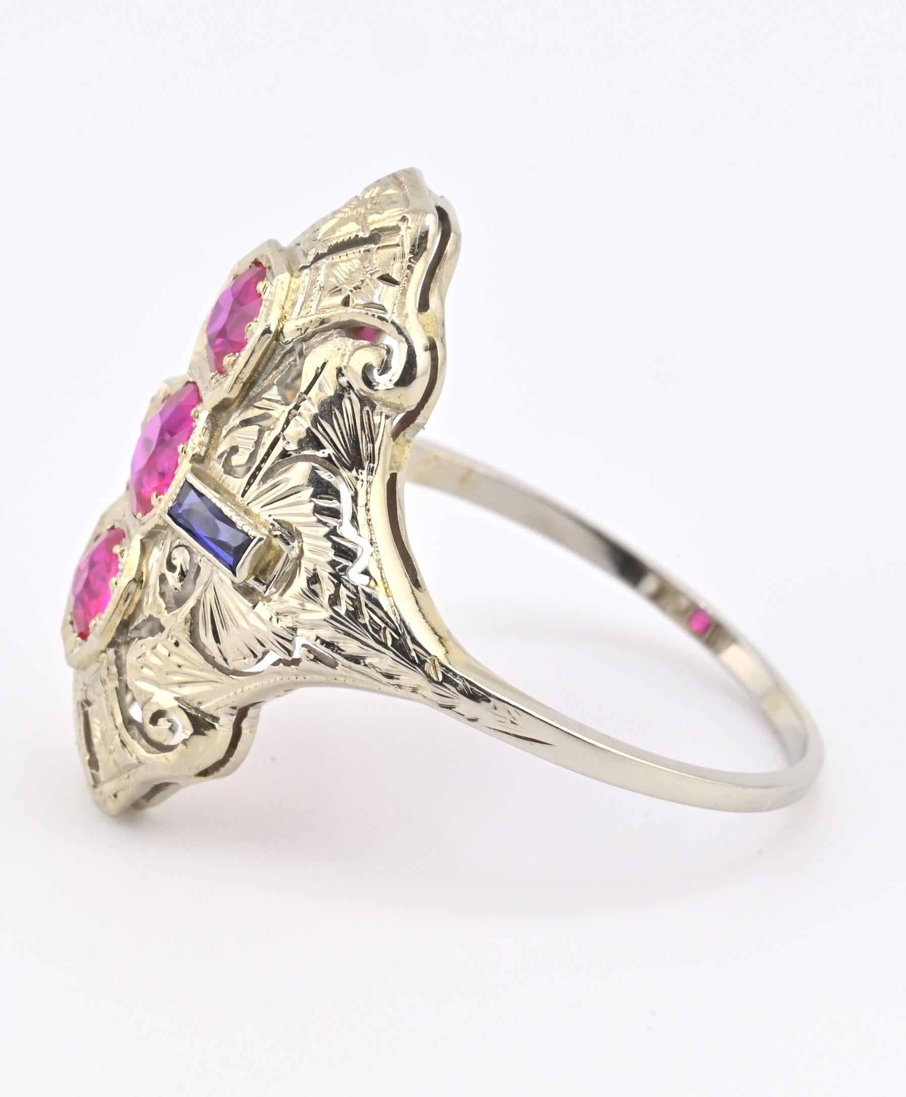 18K White Gold Ruby & Sapphire Ring Art Deco Period IGI Certified Ring Size 9.25