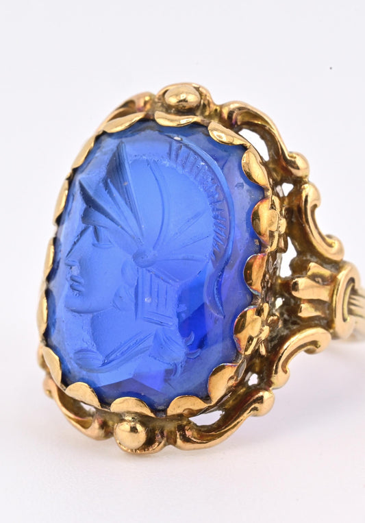 IGI Certified 10K Yellow Gold Carved Spinel Soldier Intaglio Ring Size 5