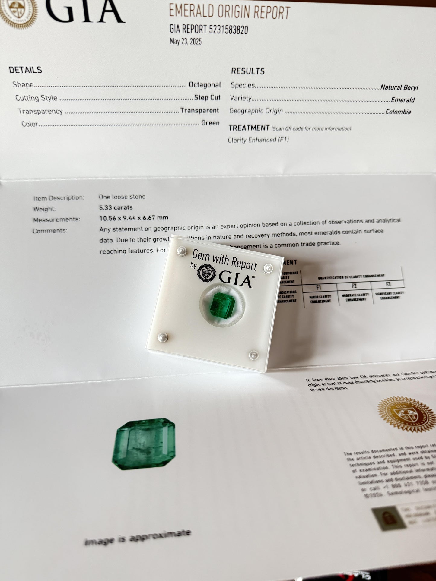 GIA Certified 5.33ct Colombian Emerald Loose Stone – F1 Minor Oil, Rare Clean