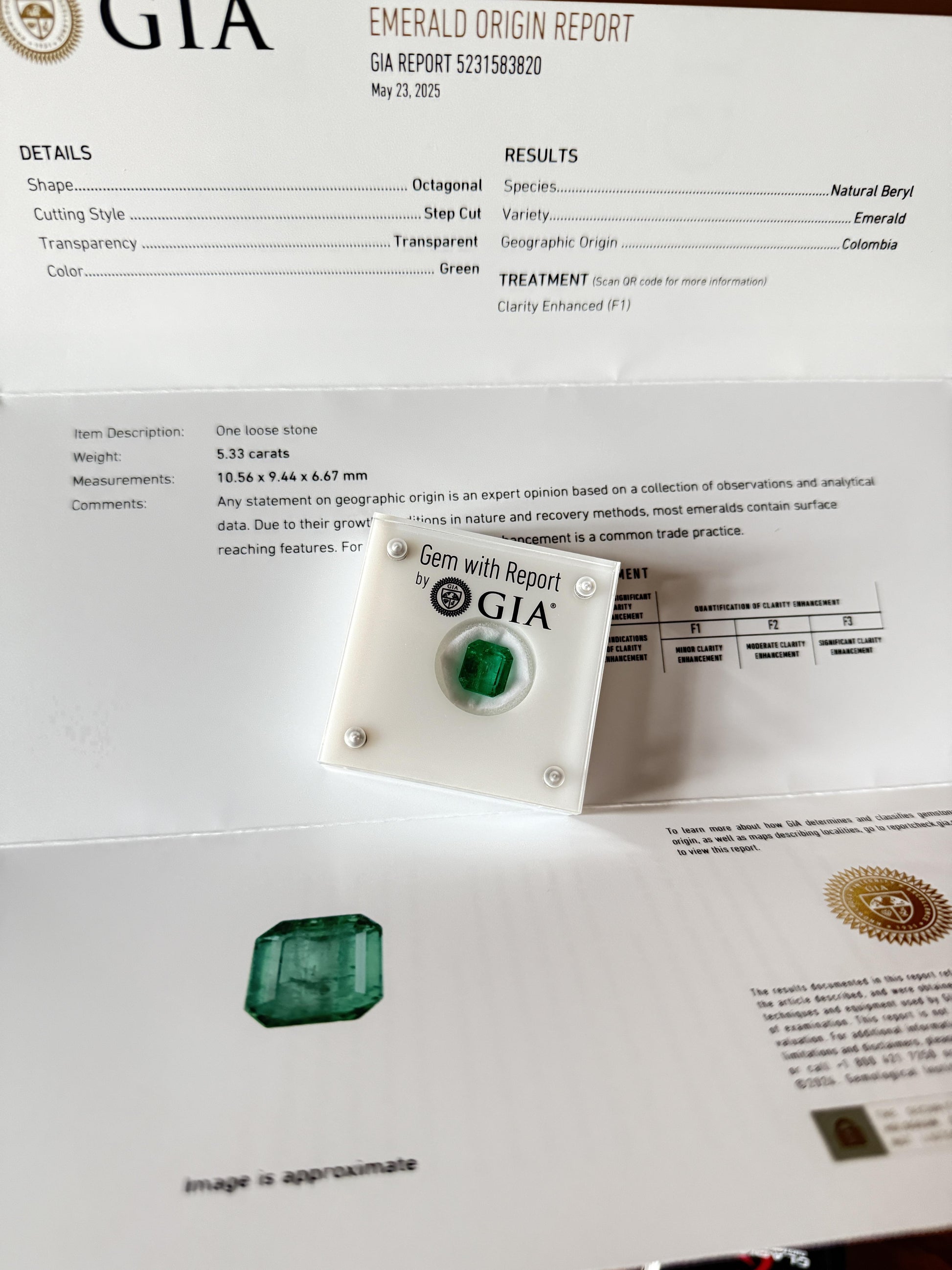 GIA Certified 5.33ct Colombian Emerald Loose Stone – F1 Minor Oil, Rare Clean