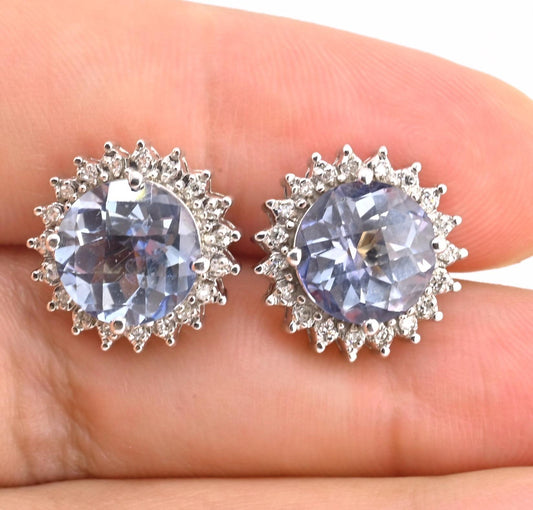Natural Blue Topaz Diamond Halo Earrings in 14K  White Gold IGI Certified