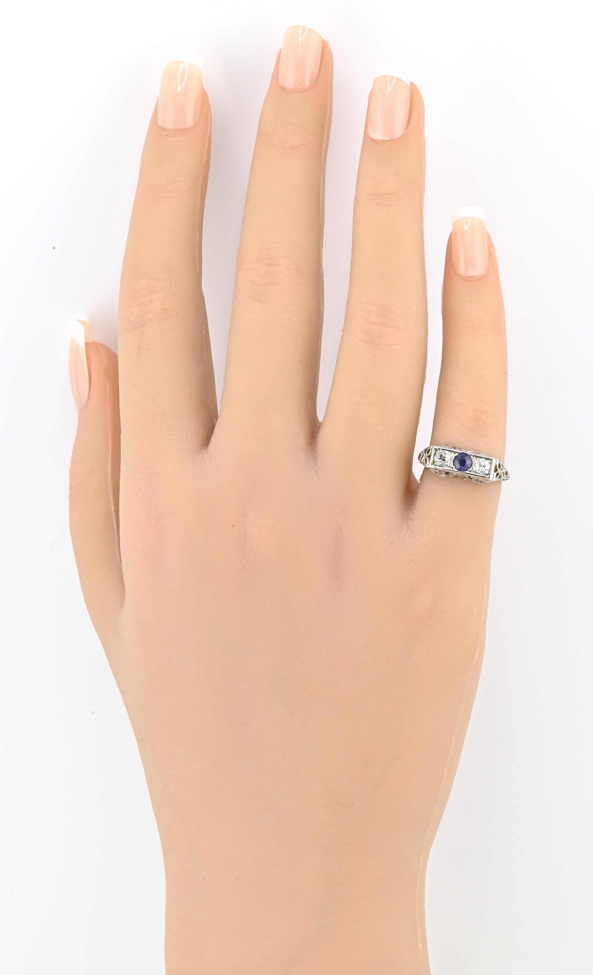 Art Deco 18K White Gold Ring Sapphire & 0.34ct Natural Diamonds Size 4.5