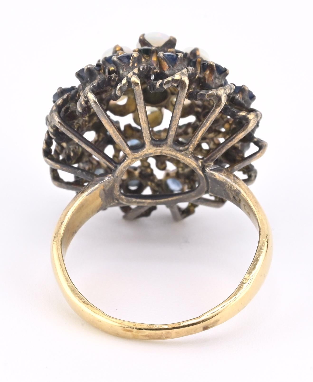Antique 10K Yellow Gold Ring 1.91ct Natural Sapphires & 0.60ct Opals Size 6.25