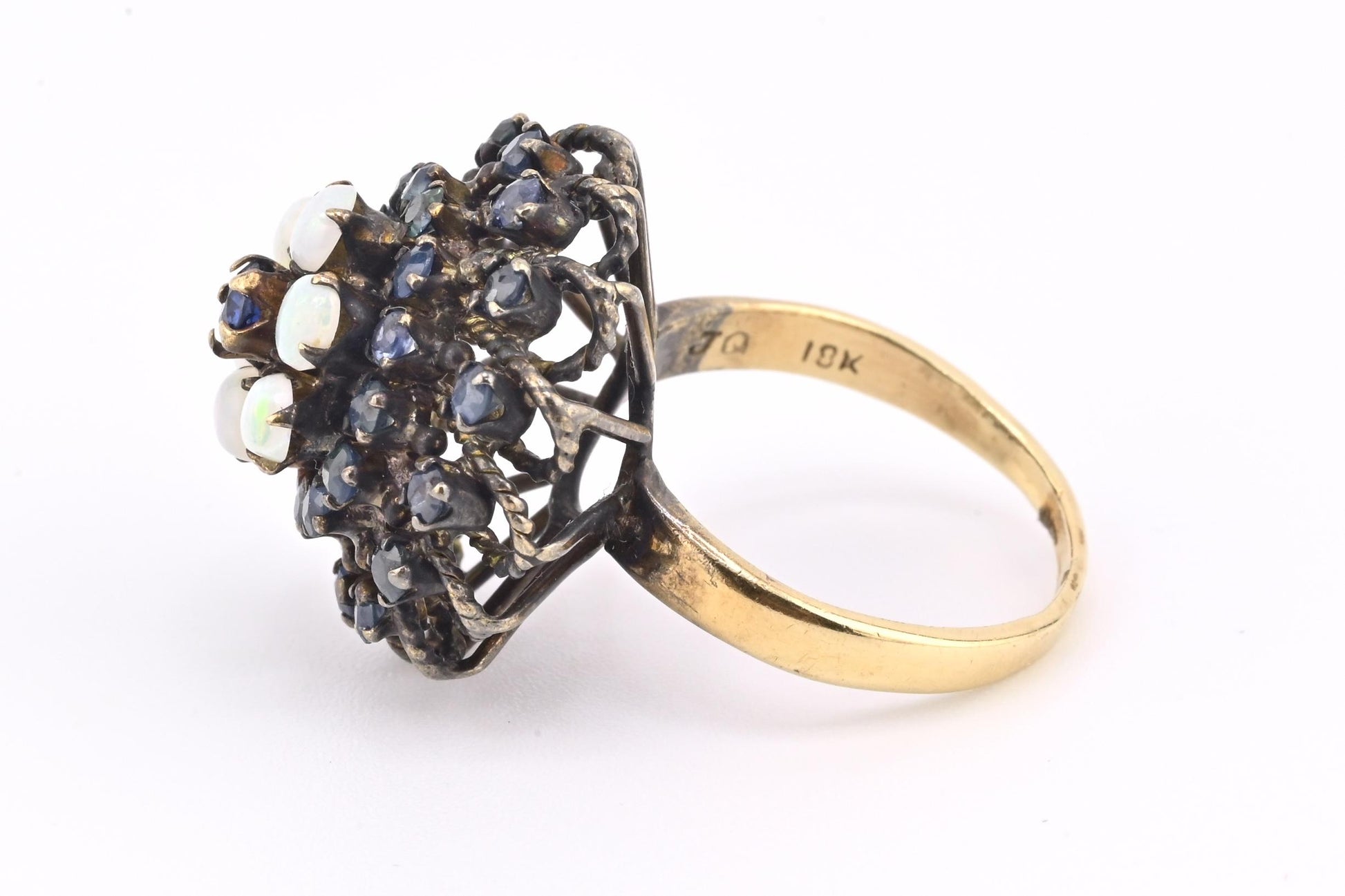 Antique 10K Yellow Gold Ring 1.91ct Natural Sapphires & 0.60ct Opals Size 6.25