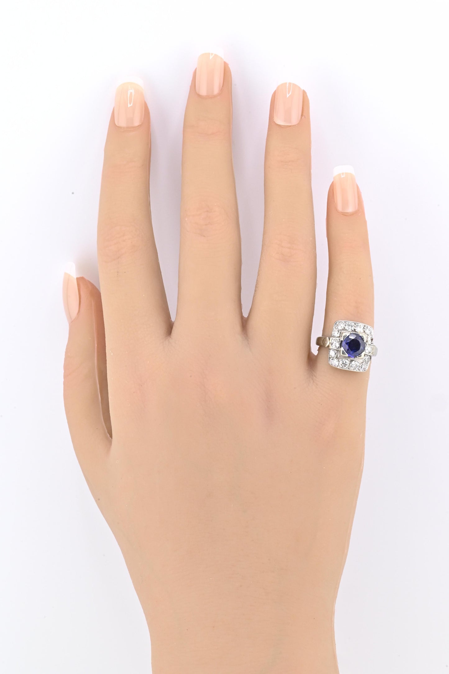 Art Deco 14K White Gold Diamond & Sapphire Ring Size 5 IGI Certified