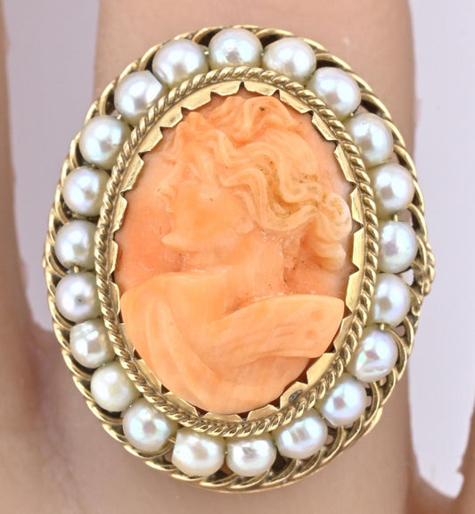 Vintage 14K Yellow Gold Coral Cameo Ring with Seed Pearl Halo – 7.63g, Size 6
