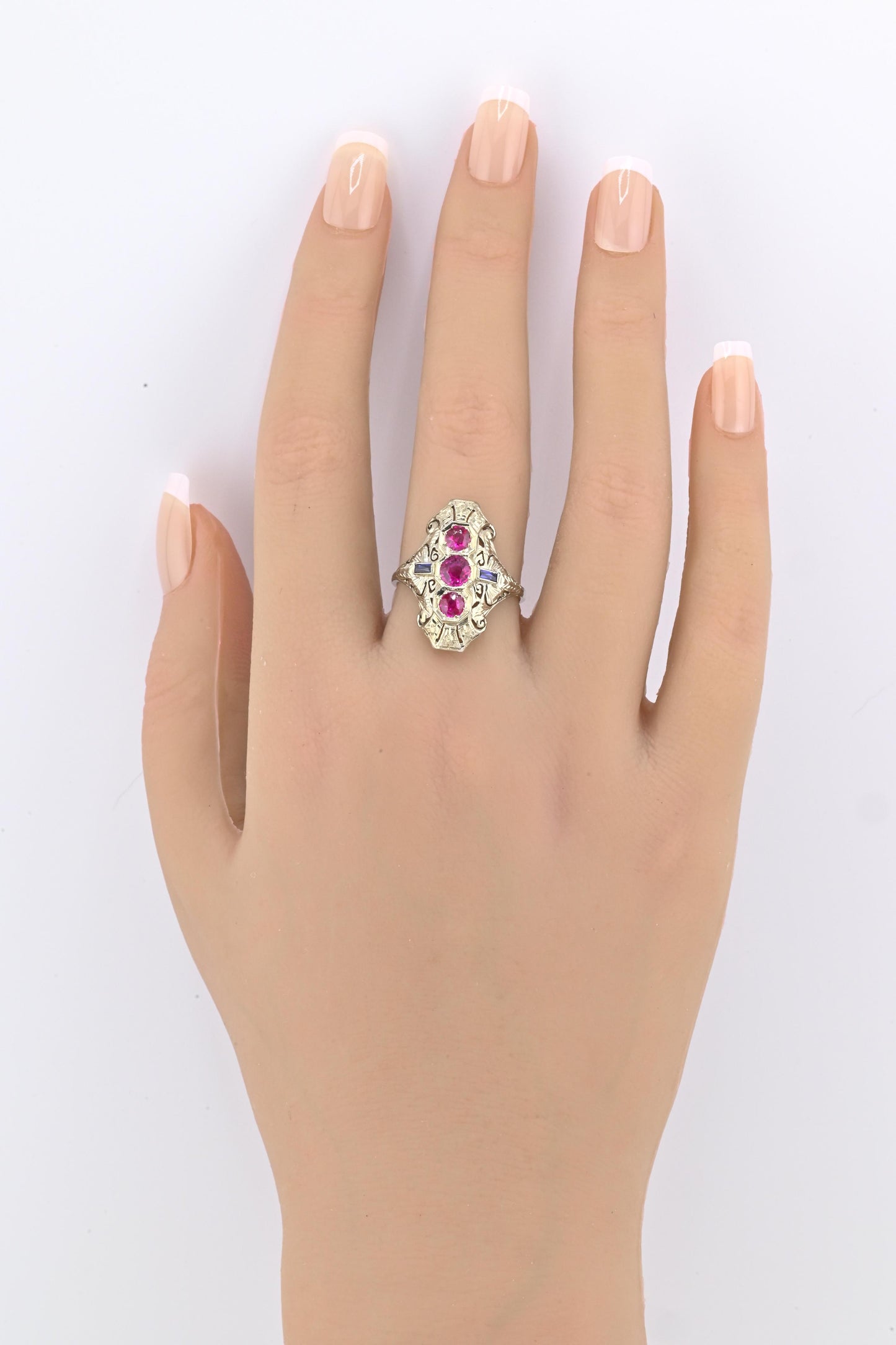 18K White Gold Ruby & Sapphire Ring Art Deco Period IGI Certified Ring Size 9.25