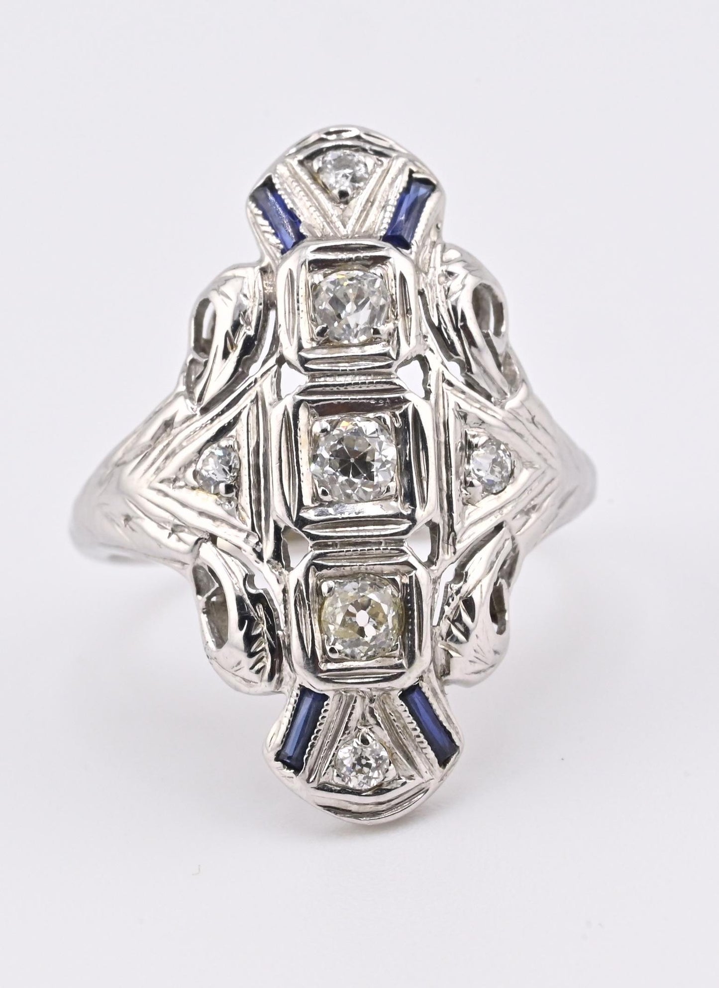 IGI Certified 18K White Gold Art Deco Diamond & Sapphire Ring Size 5.5