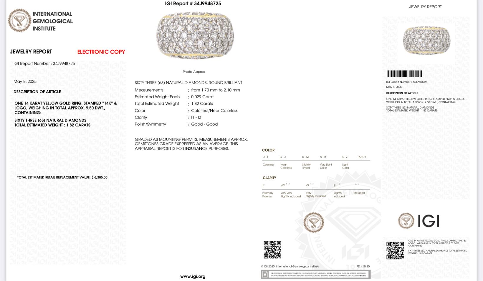 14K Yellow Gold Diamond Pave Dome Ring with 1.82 Carats, Size 8.5 IGI Certified