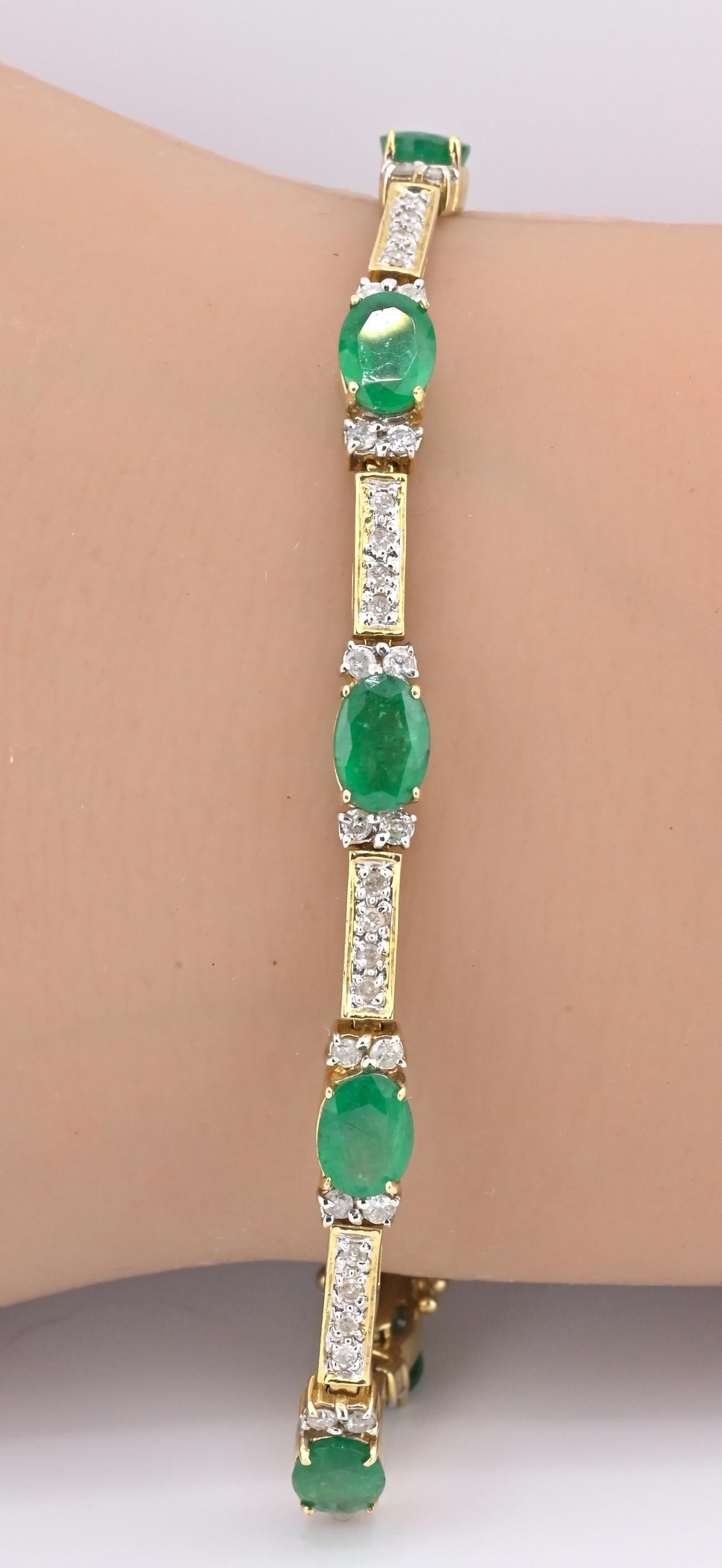 14K Yellow Gold Bracelet 6.03ct Emeralds & 0.93ct Diamond Accents 7 Inches