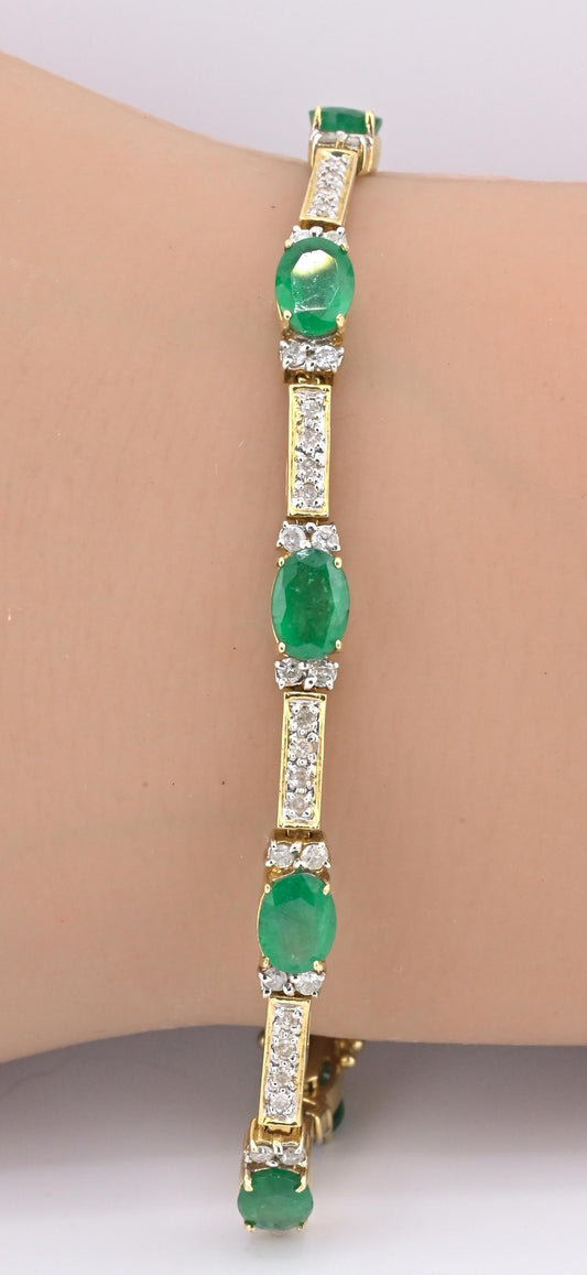 14K Yellow Gold Bracelet 6.03ct Emeralds & 0.93ct Diamond Accents 7 Inches