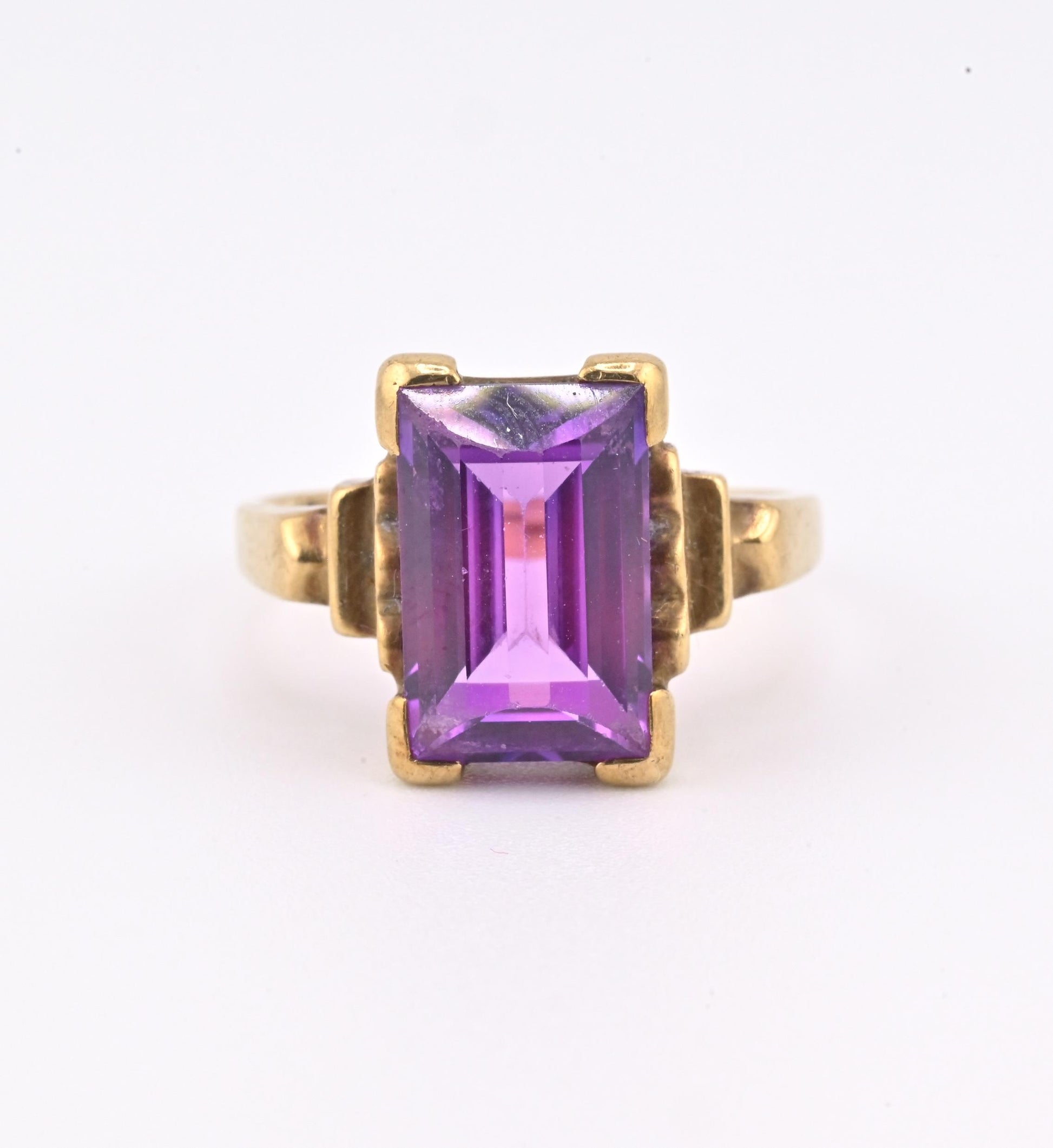 10K Yellow Gold Sapphire Ring Art Deco / Retro Era IGI Certified Size 6.75