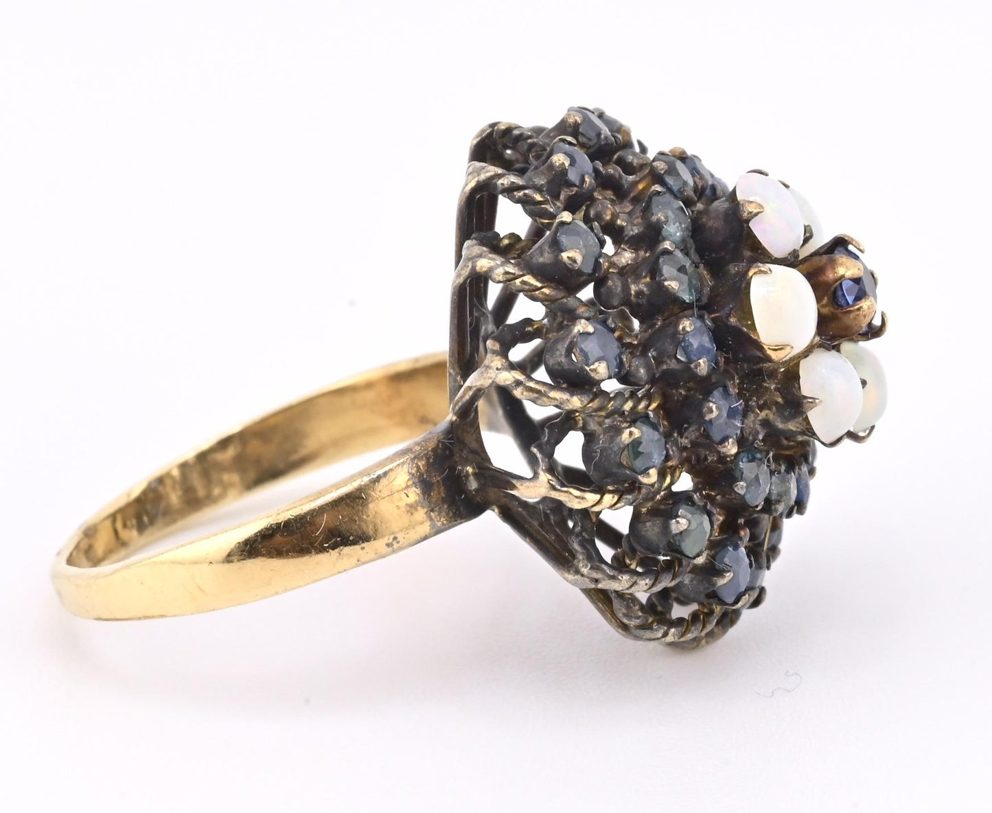 Antique 10K Yellow Gold Ring 1.91ct Natural Sapphires & 0.60ct Opals Size 6.25