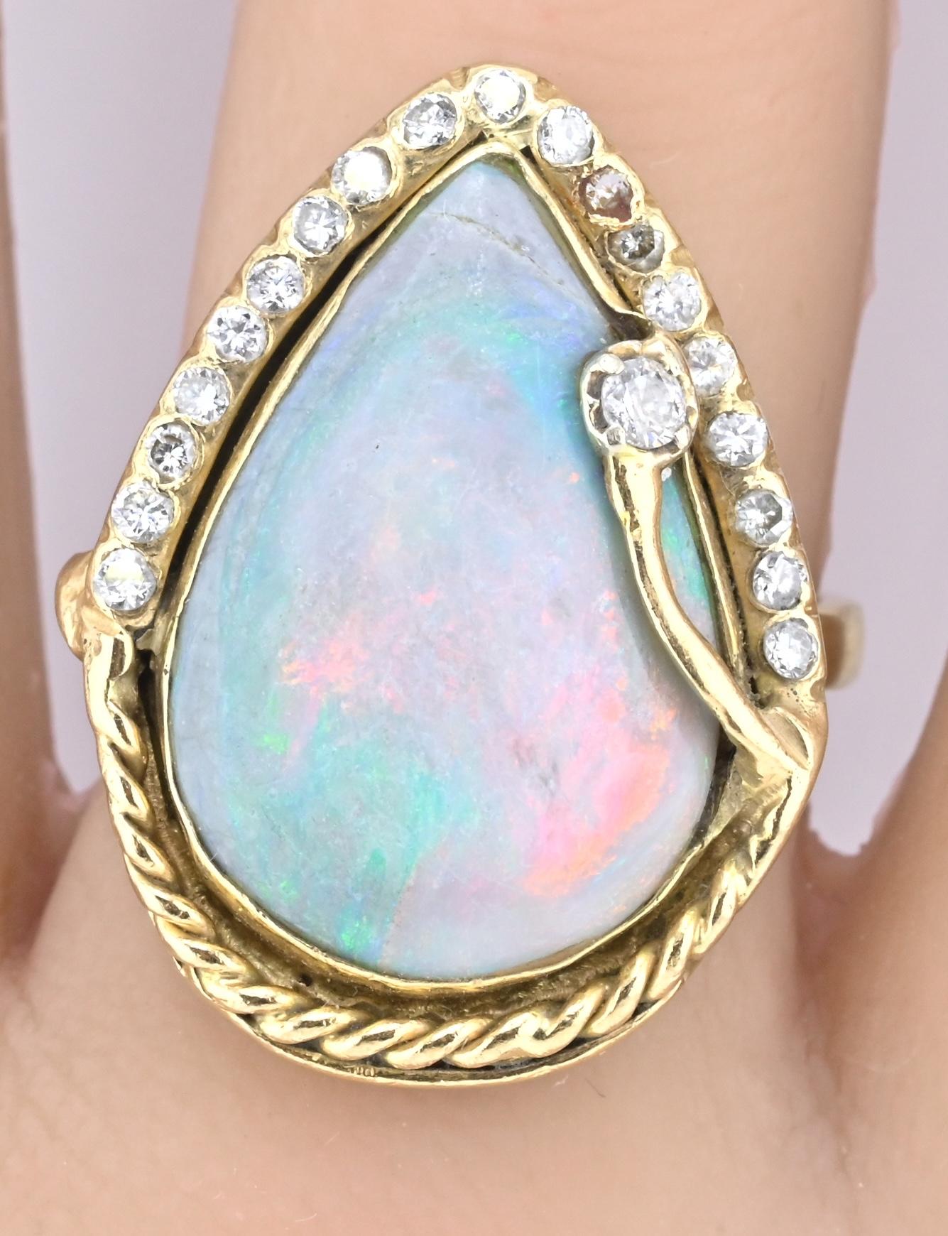 GIA Certified Natural Opal & Diamond 14k Ring – 23x15mm Light Gray Cabochon