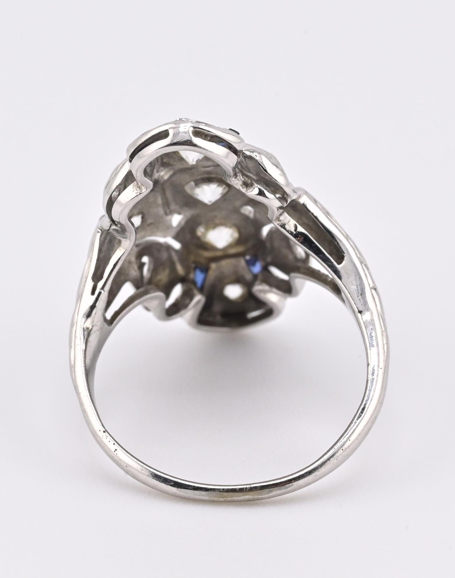 IGI Certified 18K White Gold Art Deco Diamond & Sapphire Ring Size 5.5