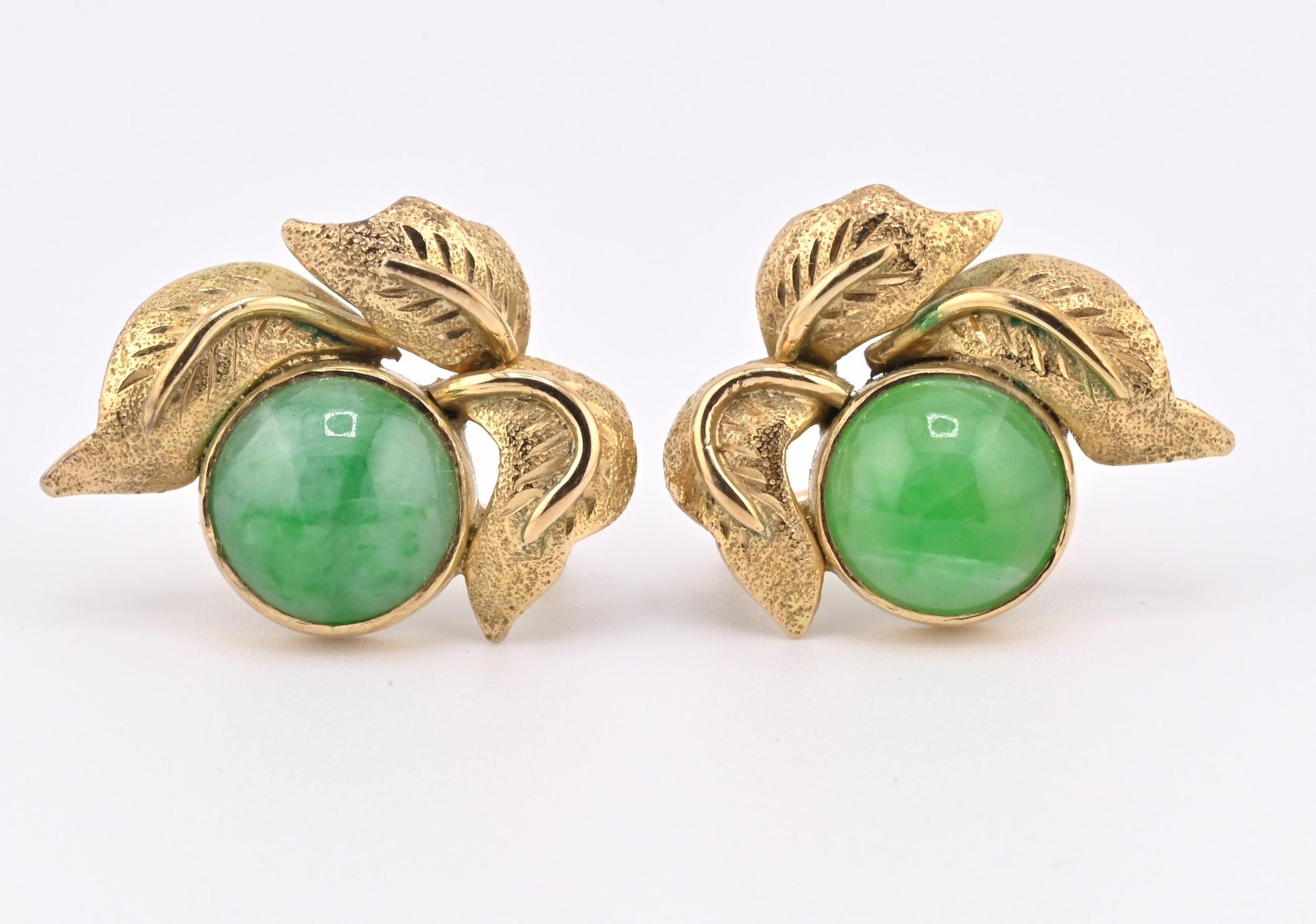 IGI Certified 14K Yellow Gold Jadeite Floral Earrings | 7.00ct Green Jade