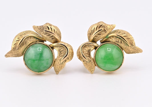 IGI Certified 14K Yellow Gold Jadeite Floral Earrings | 7.00ct Green Jade