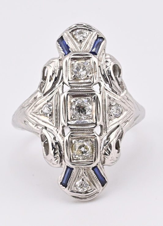 IGI Certified 18K White Gold Art Deco Diamond & Sapphire Ring Size 5.5