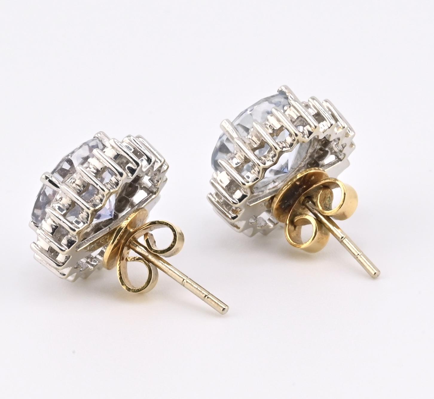 Natural Blue Topaz Diamond Halo Earrings in 14K  White Gold IGI Certified