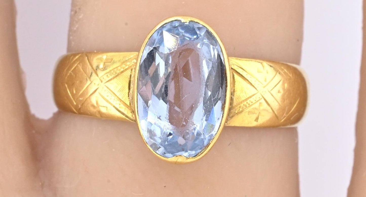 Antique 1800s 18K Yellow Gold Ring w/ Blue Lab-Grown Spinel – Oval Brilliant