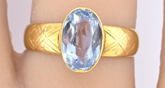 Antique 1800s 18K Yellow Gold Ring w/ Blue Lab-Grown Spinel – Oval Brilliant