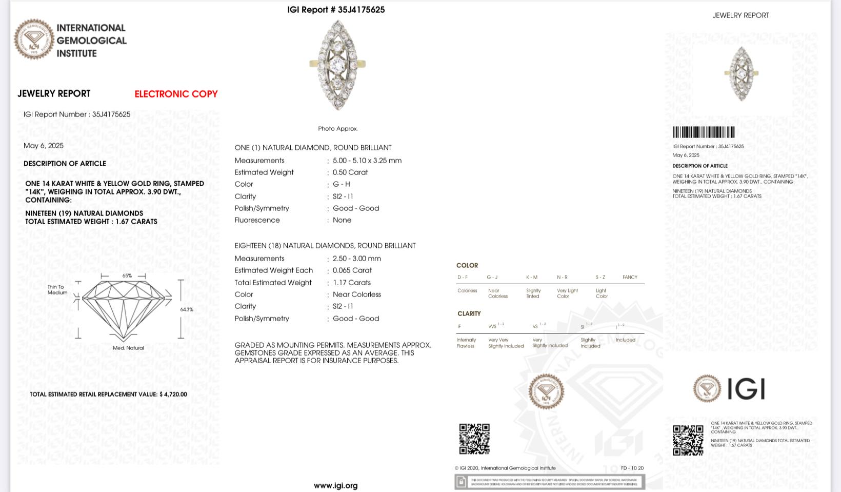 14K White & Yellow Gold Ring with 1.67 Carats of Natural Diamonds, Size 6