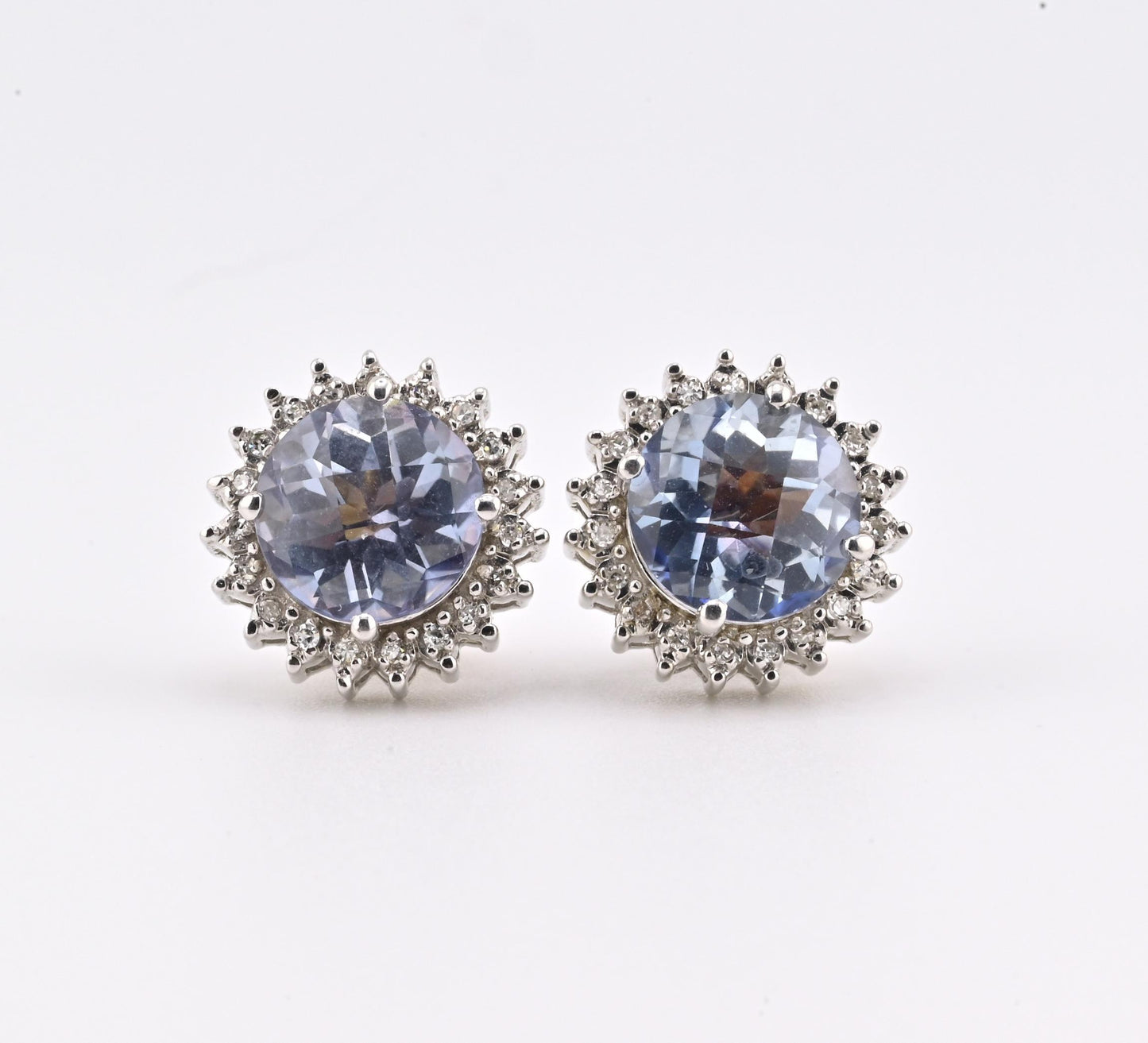Natural Blue Topaz Diamond Halo Earrings in 14K  White Gold IGI Certified