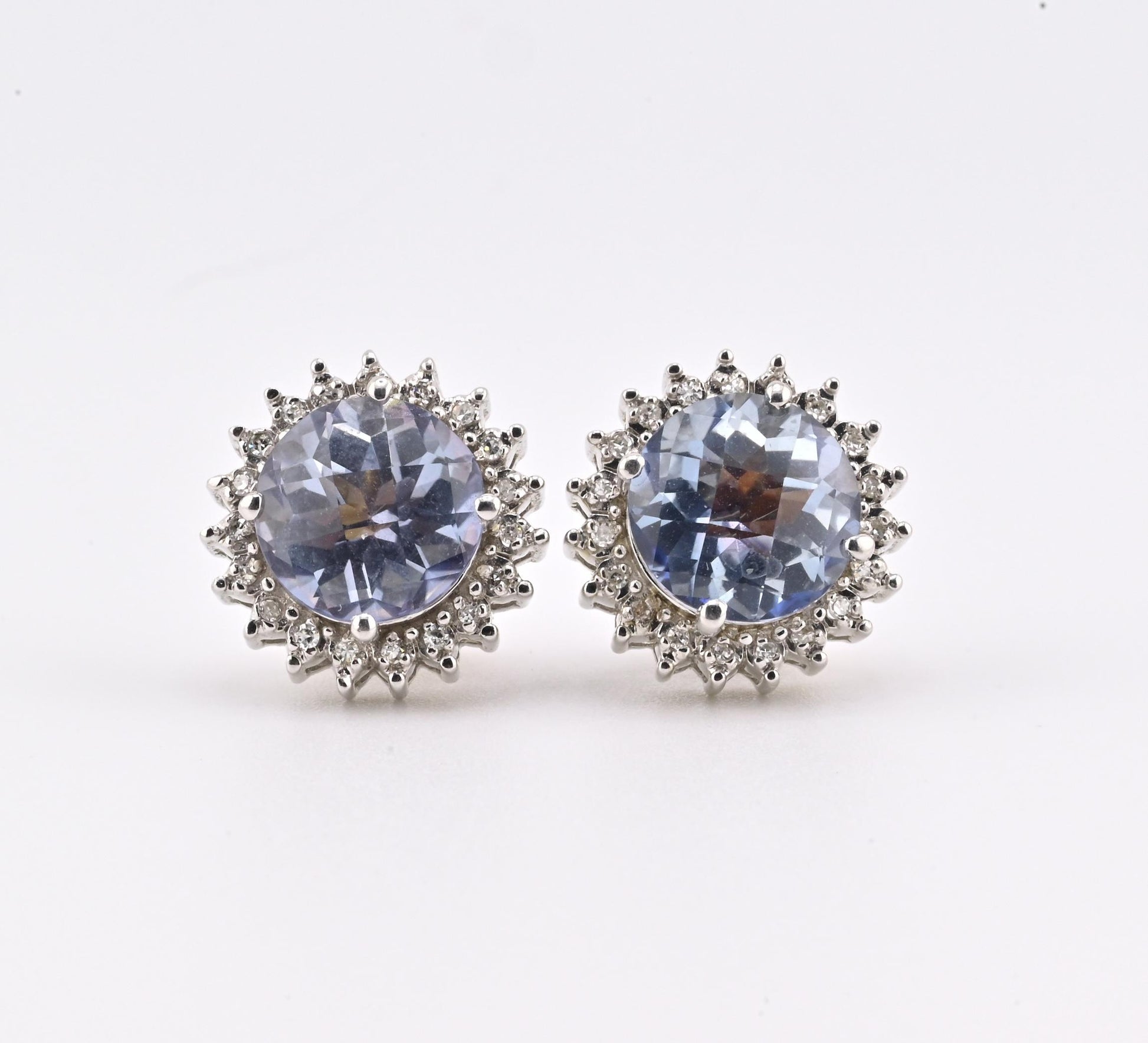 Natural Blue Topaz Diamond Halo Earrings in 14K  White Gold IGI Certified