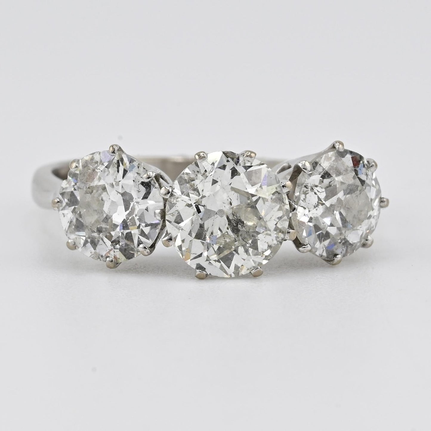 Art Deco 18K White Gold 3-Stone Ring – 3.00ct Old European Cut Diamonds Size 5