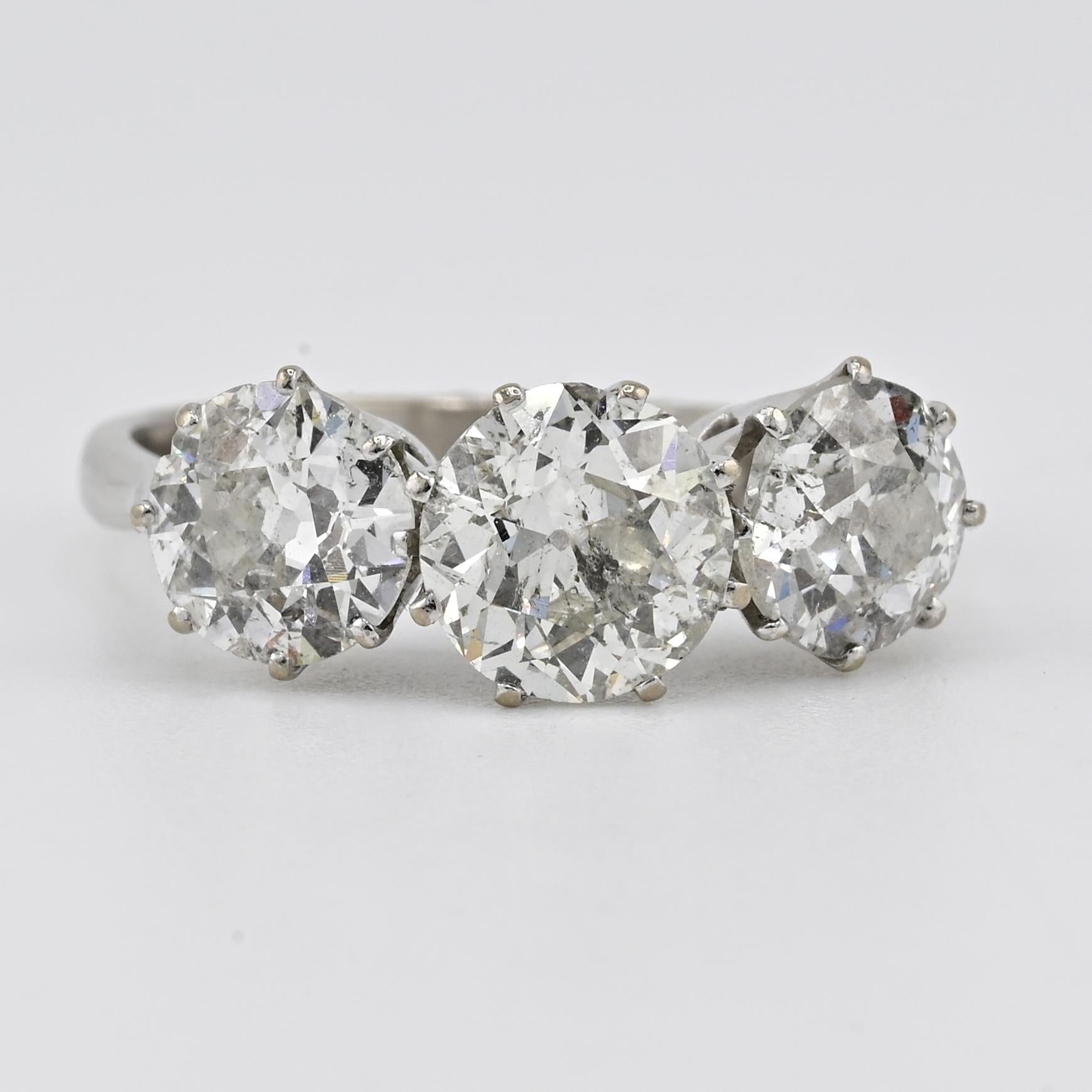Art Deco 18K White Gold 3-Stone Ring – 3.00ct Old European Cut Diamonds Size 5