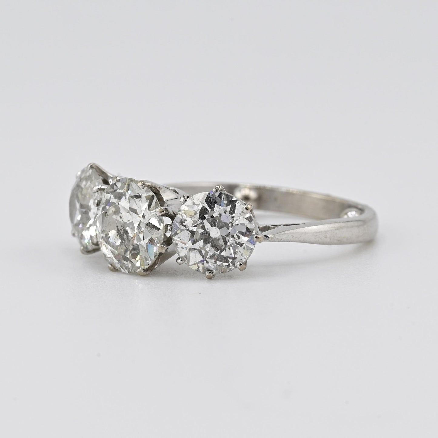 Art Deco 18K White Gold 3-Stone Ring – 3.00ct Old European Cut Diamonds Size 5