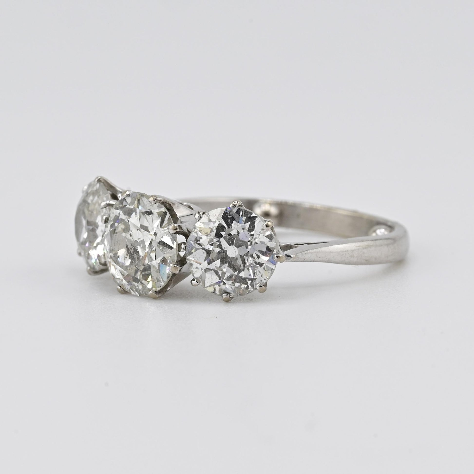 Art Deco 18K White Gold 3-Stone Ring – 3.00ct Old European Cut Diamonds Size 5
