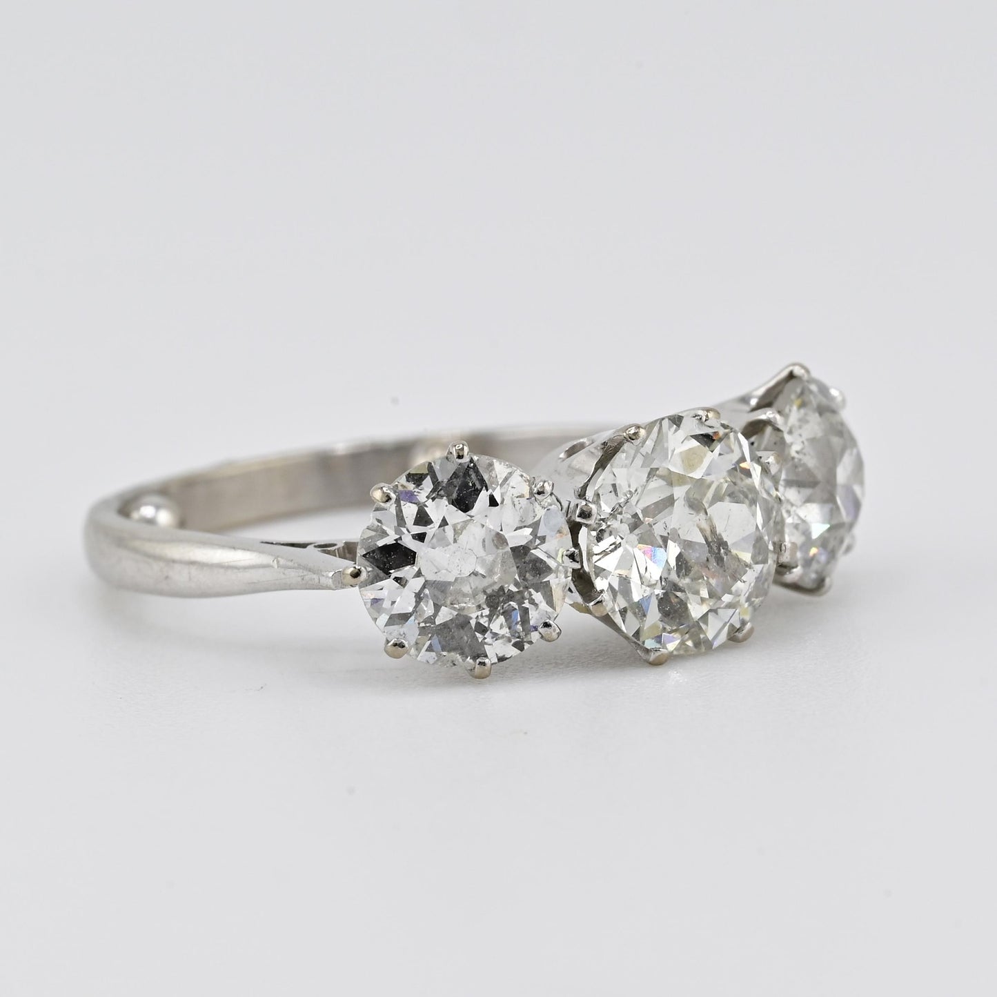 Art Deco 18K White Gold 3-Stone Ring – 3.00ct Old European Cut Diamonds Size 5
