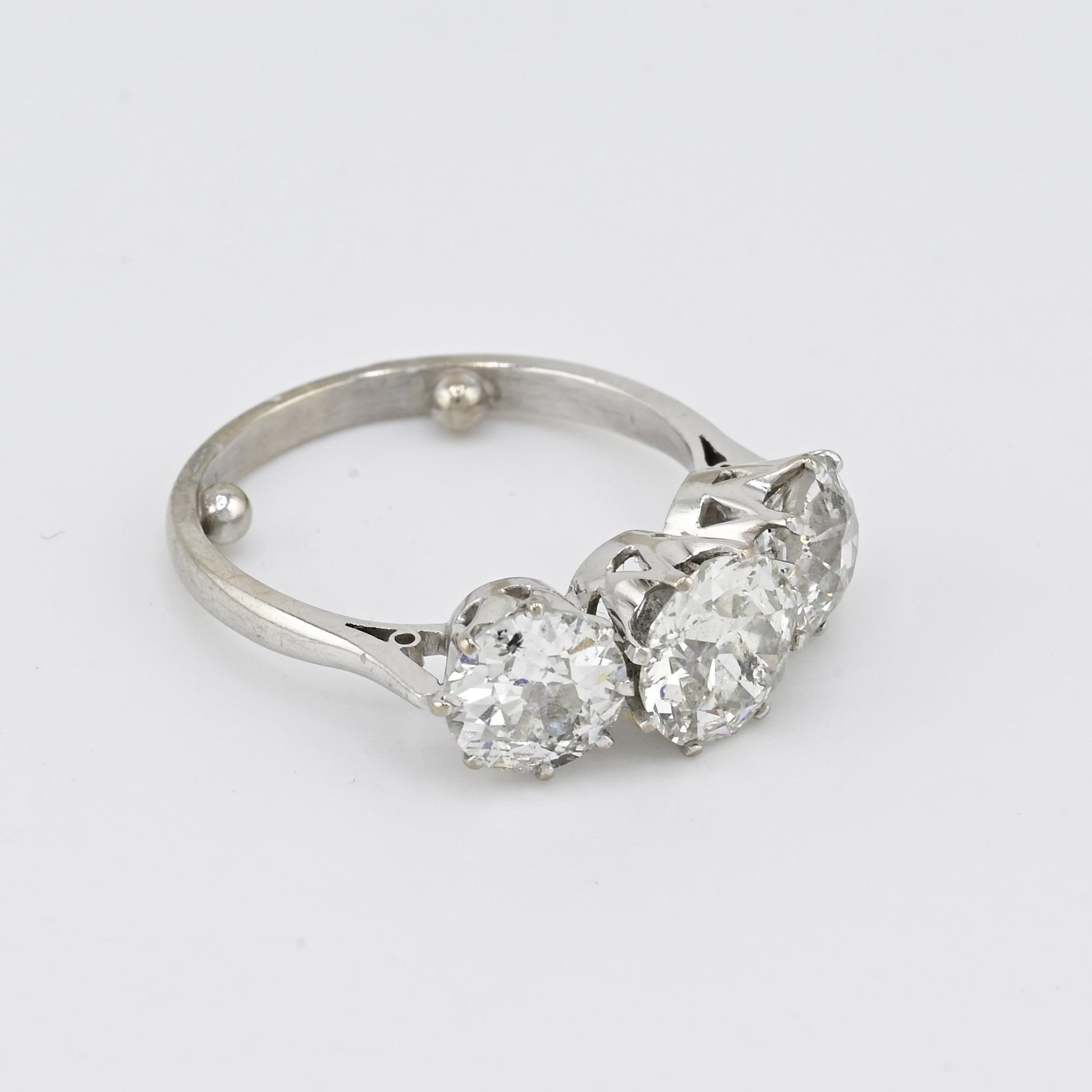 Art Deco 18K White Gold 3-Stone Ring – 3.00ct Old European Cut Diamonds Size 5