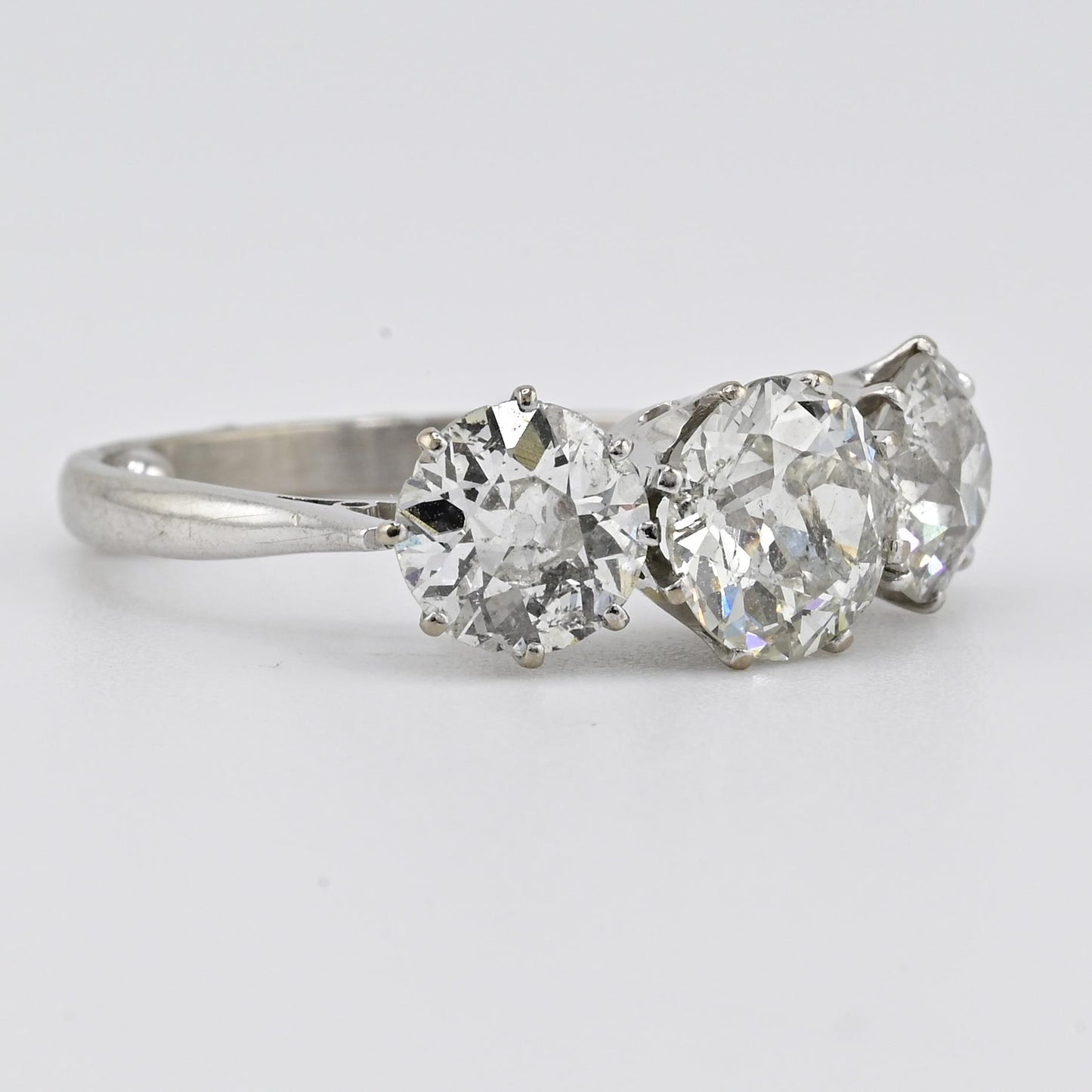 Art Deco 18K White Gold 3-Stone Ring – 3.00ct Old European Cut Diamonds Size 5