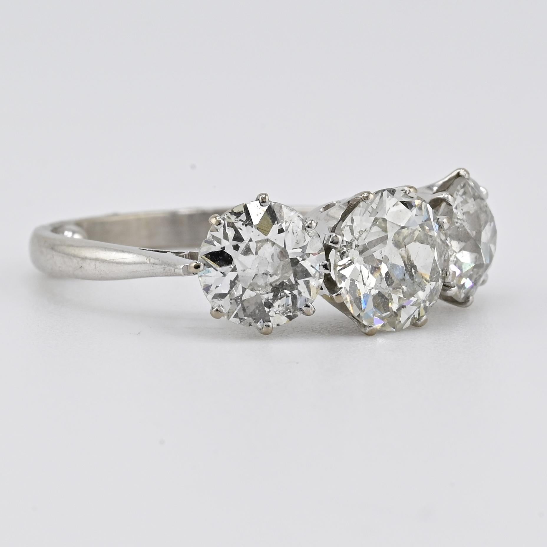 Art Deco 18K White Gold 3-Stone Ring – 3.00ct Old European Cut Diamonds Size 5