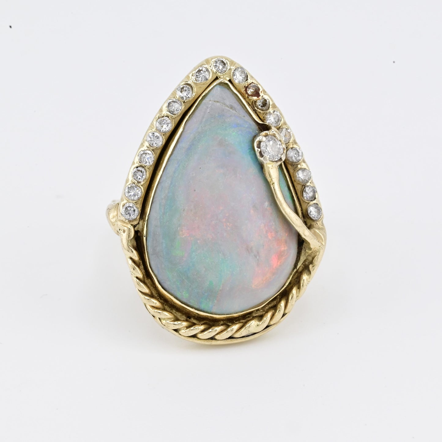 GIA Certified Natural Opal & Diamond 14k Ring – 23x15mm Light Gray Cabochon