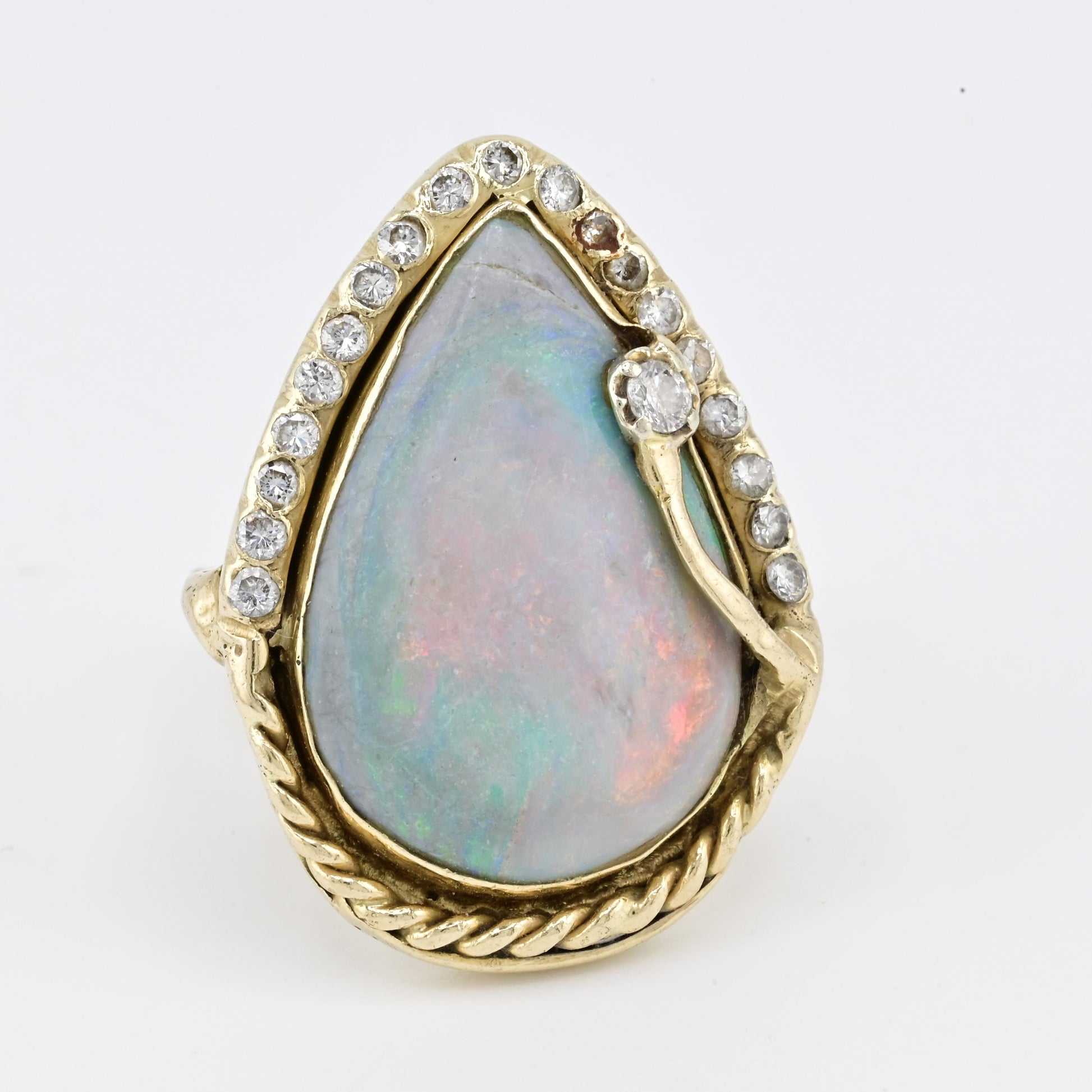 GIA Certified Natural Opal & Diamond 14k Ring – 23x15mm Light Gray Cabochon