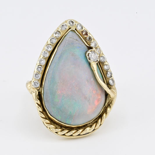 GIA Certified Natural Opal & Diamond 14k Ring – 23x15mm Light Gray Cabochon