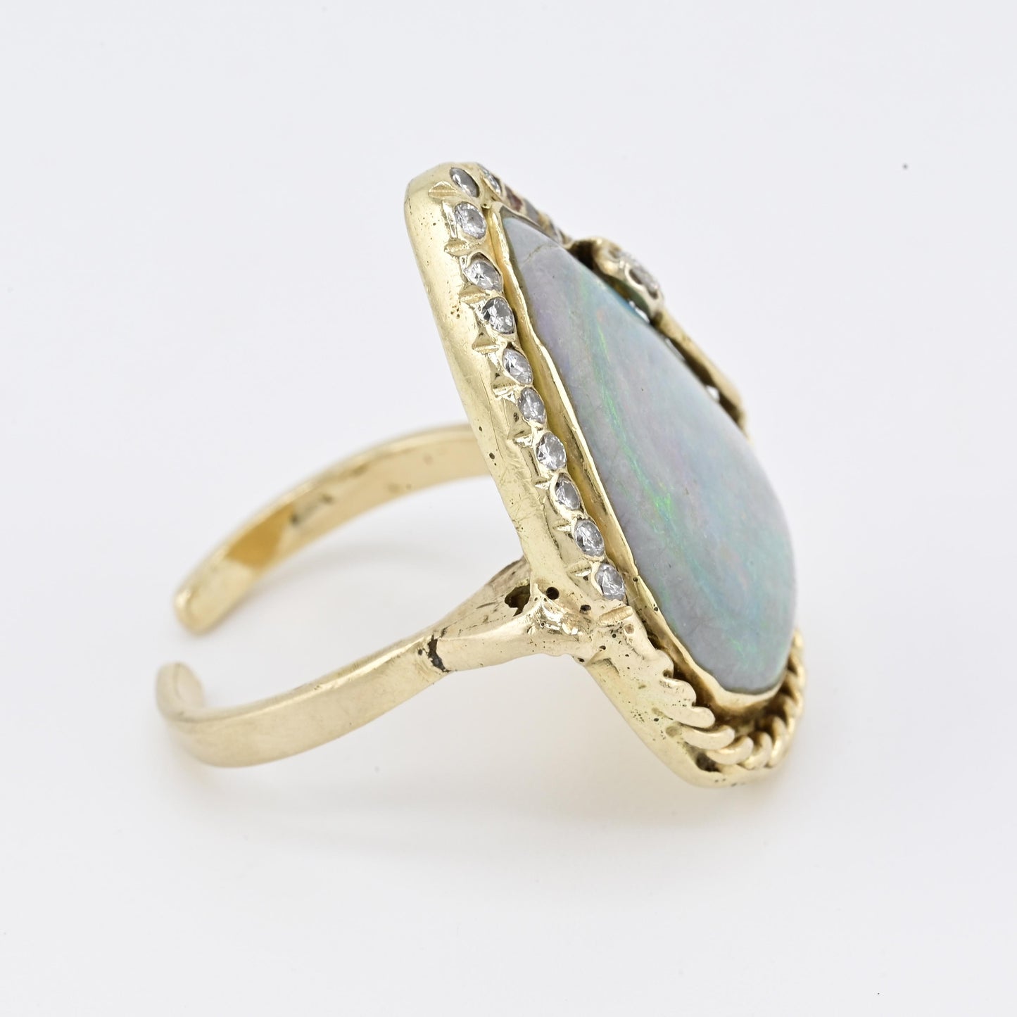 GIA Certified Natural Opal & Diamond 14k Ring – 23x15mm Light Gray Cabochon
