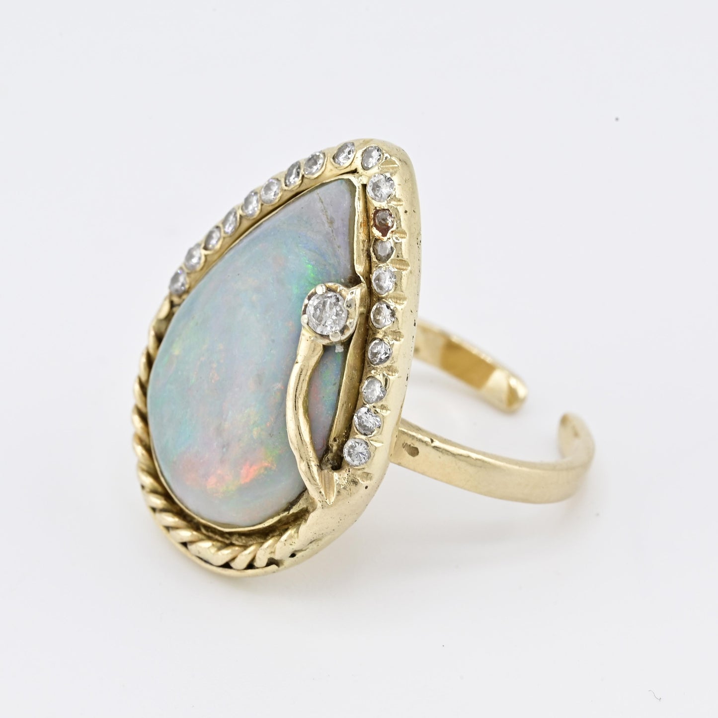 GIA Certified Natural Opal & Diamond 14k Ring – 23x15mm Light Gray Cabochon