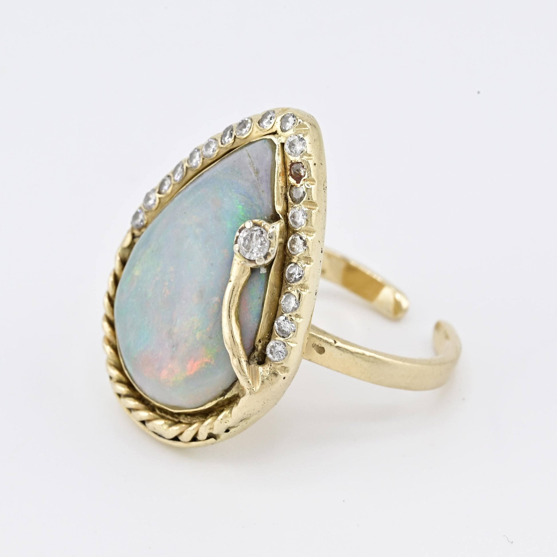 GIA Certified Natural Opal & Diamond 14k Ring – 23x15mm Light Gray Cabochon