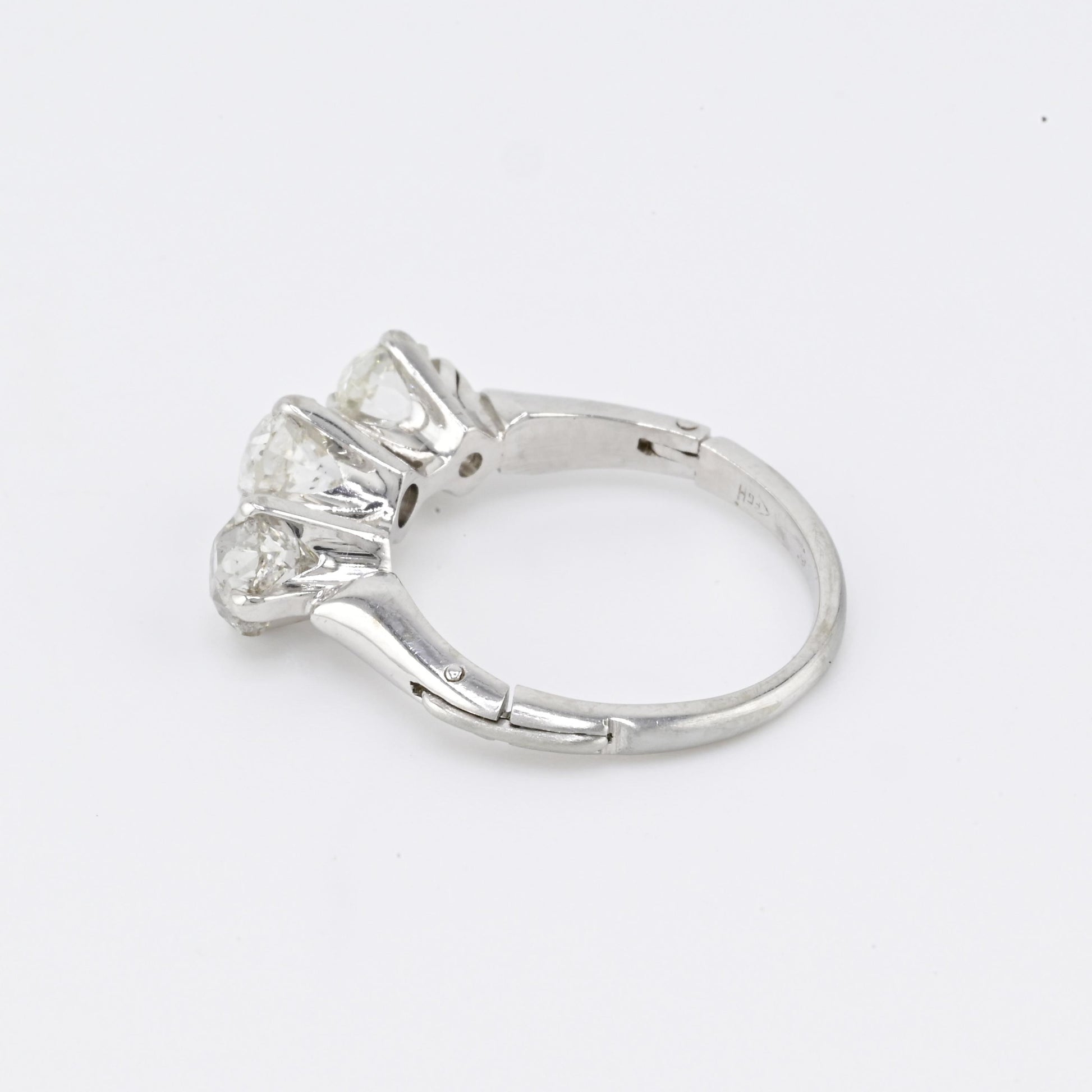 Edwardian 18K White Gold 3-Stone Diamond Ring 1.87 Carats Old Mine Cuts