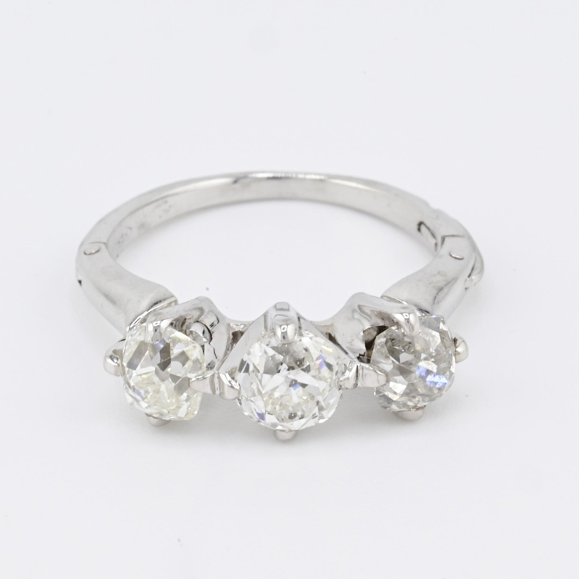 Edwardian 18K White Gold 3-Stone Diamond Ring 1.87 Carats Old Mine Cuts
