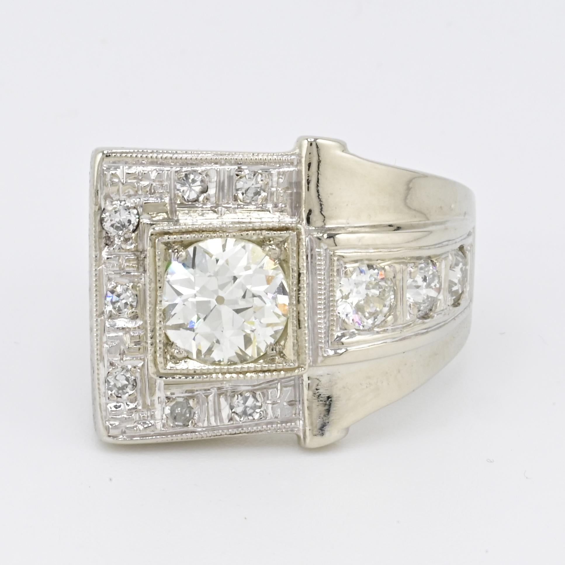 Art Deco GIA 1.00 Carat M Color VS2 Diamond Ring 14K White Gold Ring Size 5.75