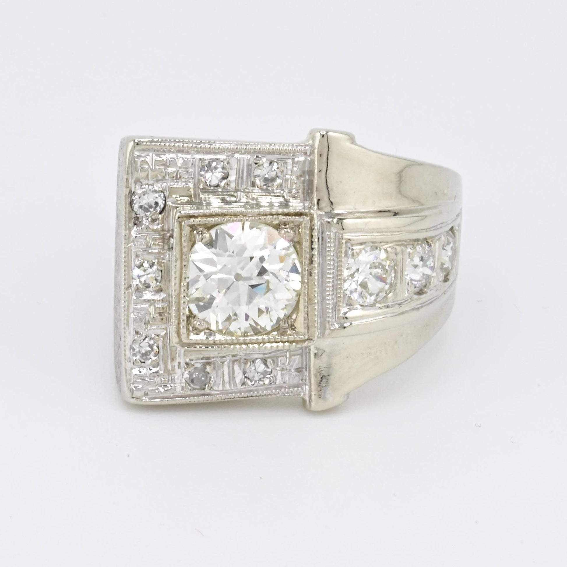 Art Deco GIA 1.00 Carat M Color VS2 Diamond Ring 14K White Gold Ring Size 5.75